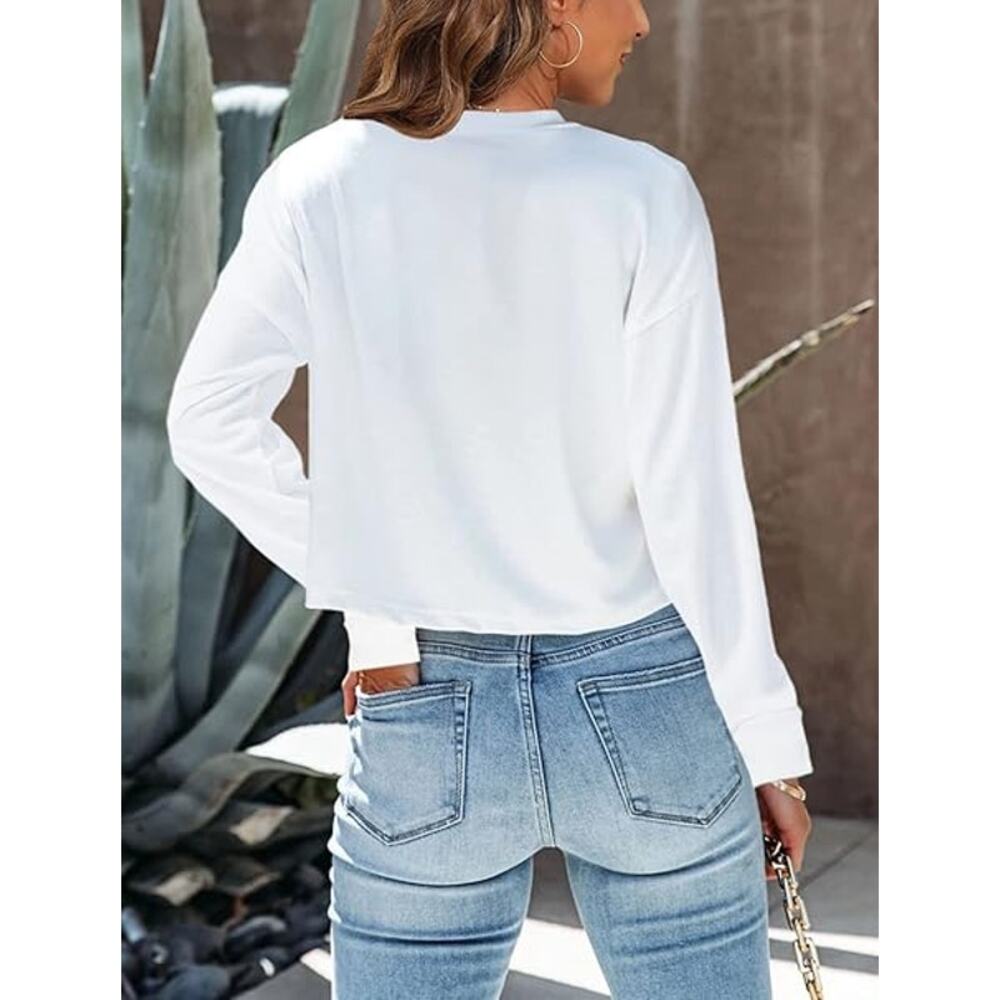 NWT Tankanea White Crew Neck Long Sleeve Cropped T-Shirt Women's Size Medium - Picture 3 of 3